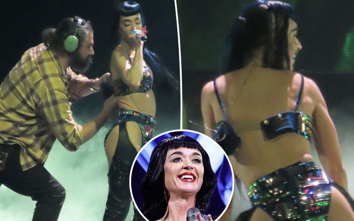 Katy Perry suffers near wardrobe malfunction after her bra pops off onstage in Vegas