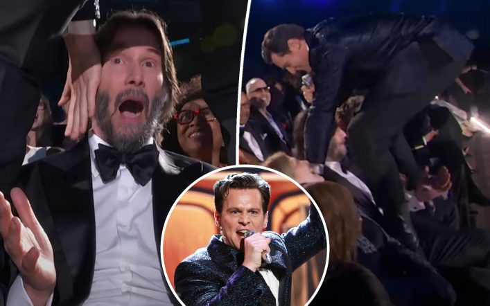 See Keanu Reeves’ hilarious reaction to being straddled by Jonathan Groff at 2025 Tony Awards