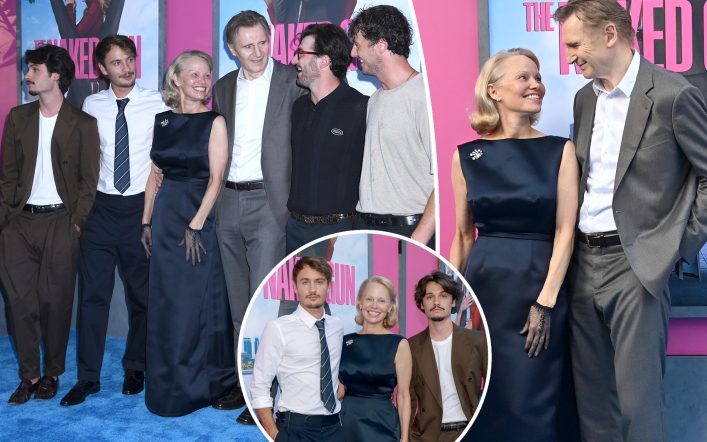 Pamela Anderson and Liam Neeson bring their sons to ‘The Naked Gun’ NYC premiere